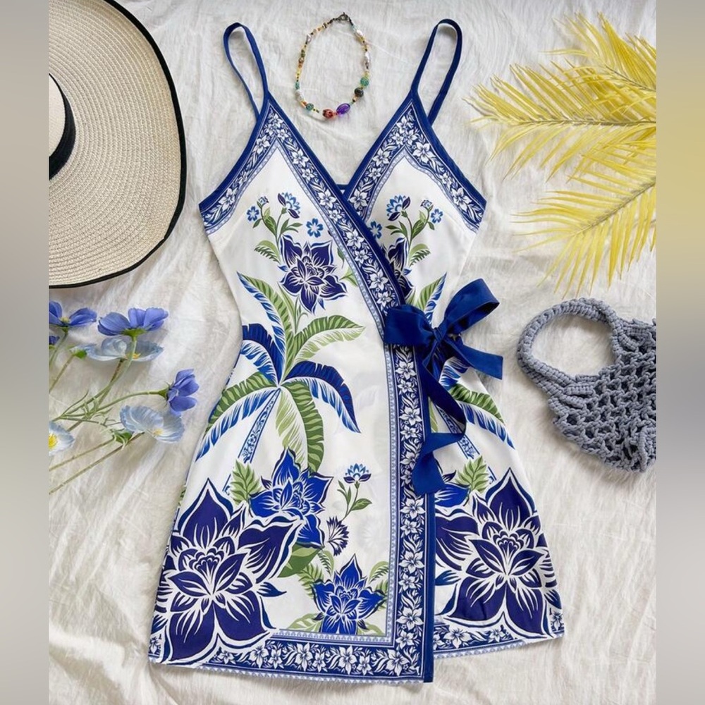 NEW Floral Wrap Dress with Blue and Green Accents